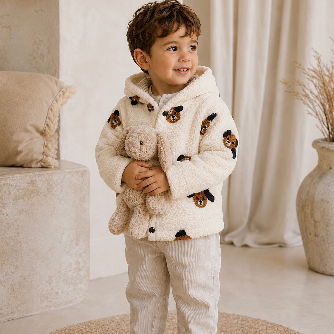 Giacca con cappuccio in teddy – fantasia cagnolino 🐶
