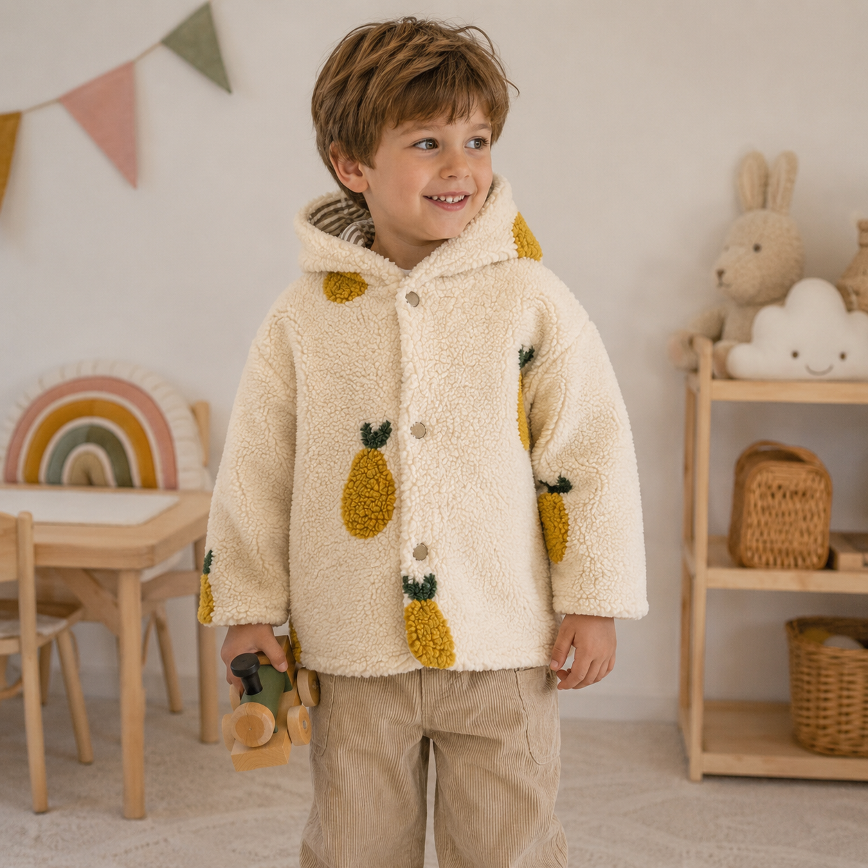 Giacca con cappuccio in teddy – fantasia pere 🍐